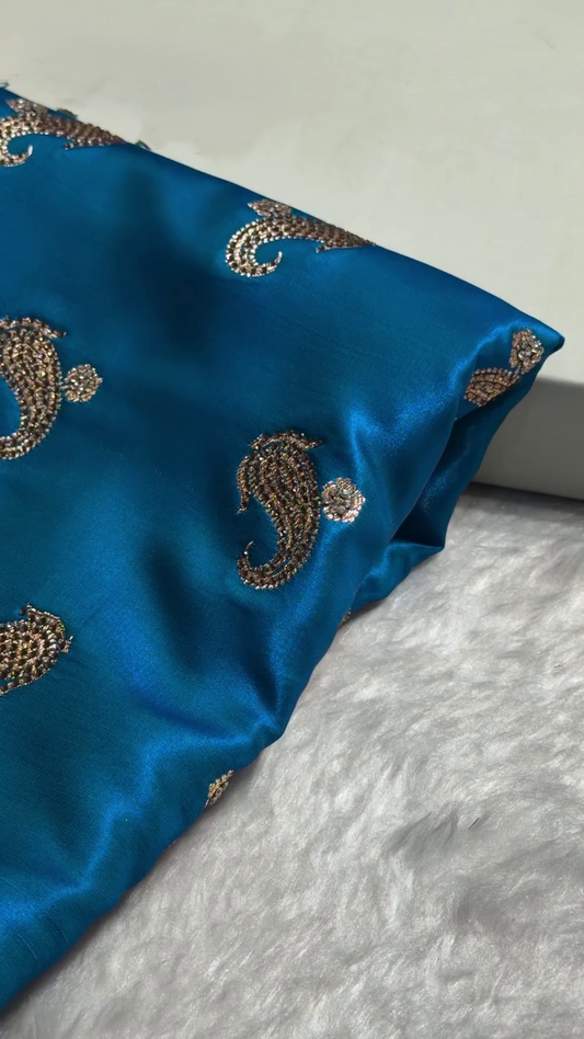 Ocean Blue Banarasi Silk Saree with Antique Gold Paisley Butti