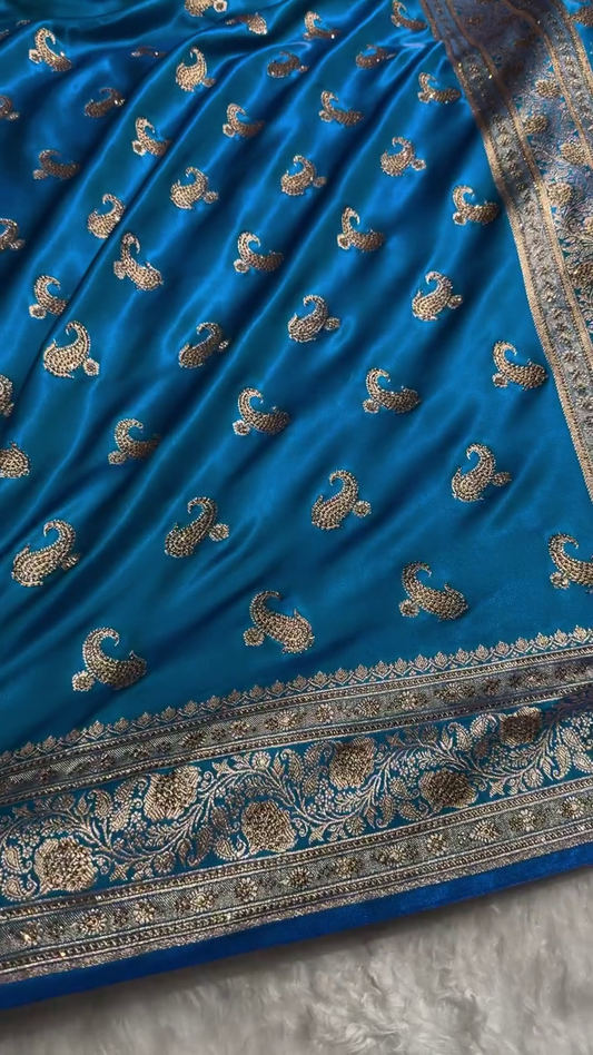 Ocean Blue Banarasi Silk Saree with Antique Gold Paisley Butti