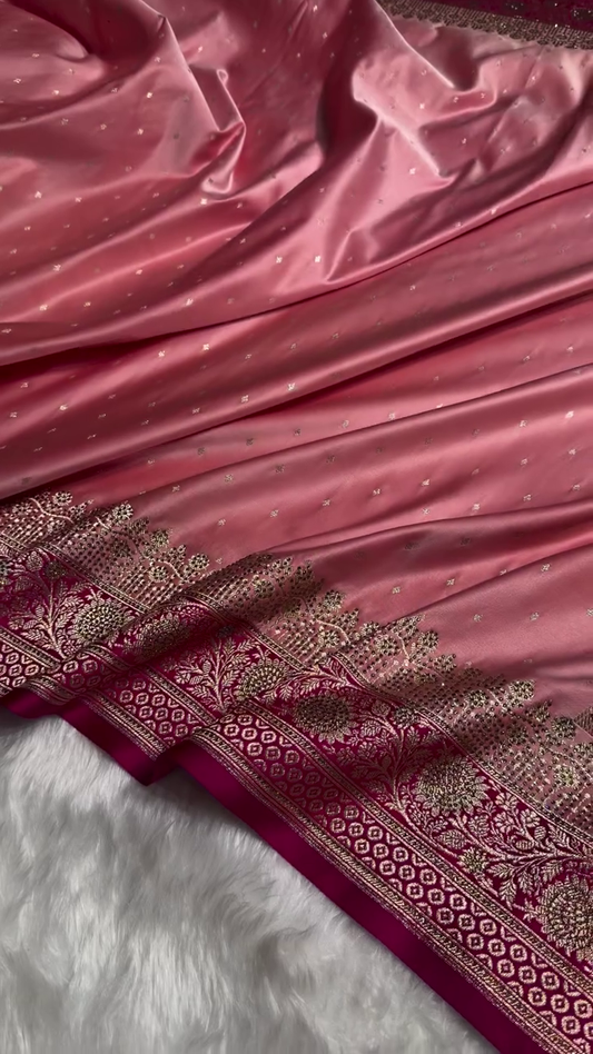 Blush Peach Banarasi Silk Saree with Antique Gold Dot Butti Work