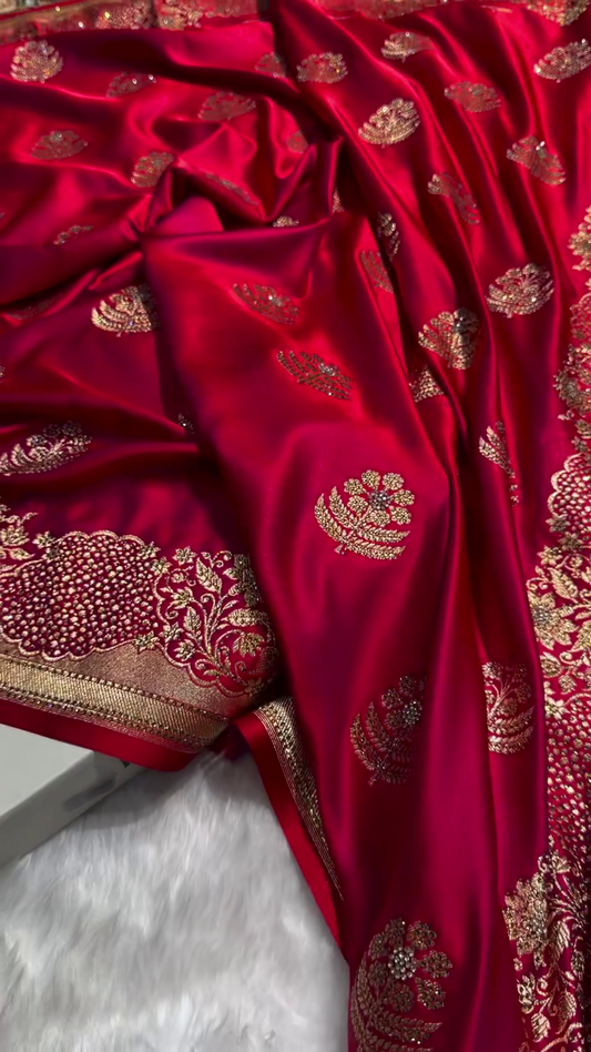 Royal Crimson Red Banarasi Silk Saree with Antique Gold Zari Embroidery