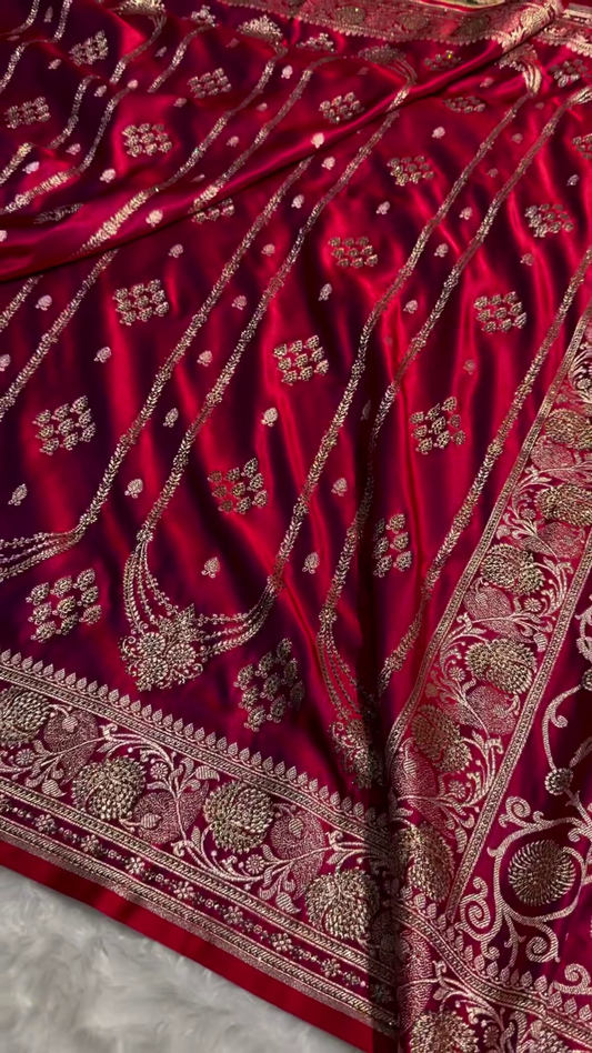 Regal Crimson Red Banarasi Silk Saree with Antique Gold Bridal Zari Work