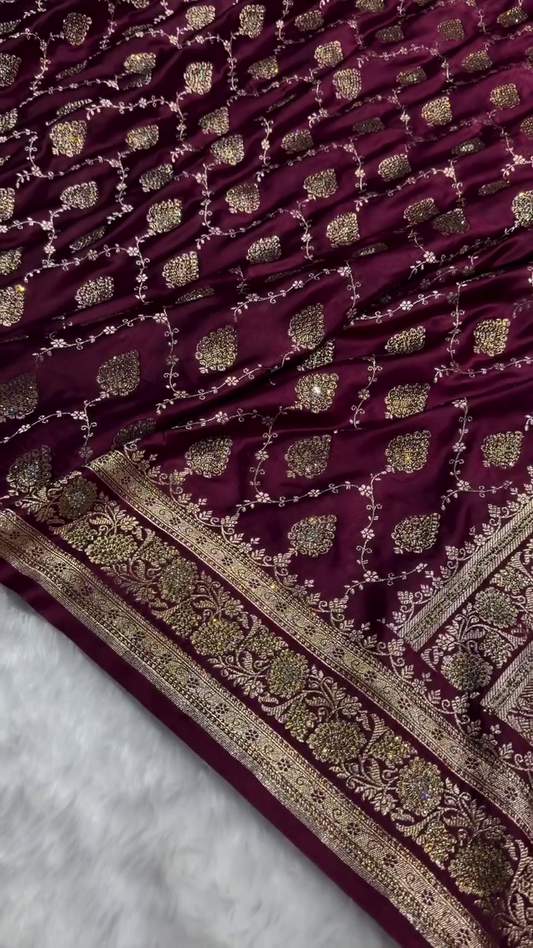 Royal Wine Purple Banarasi Silk Saree with Antique Gold Zari Jaal Work