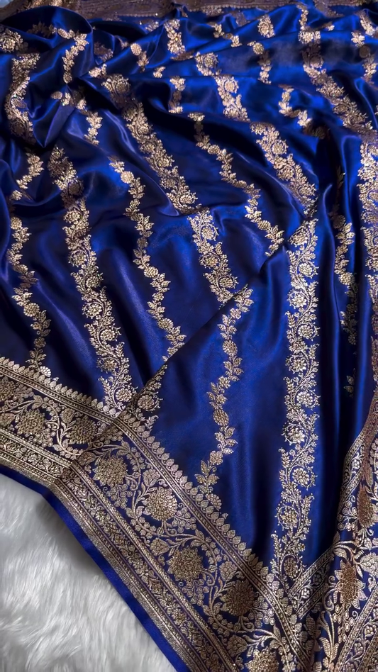 Royal Blue Banarasi Silk Saree with Antique Gold Floral Vine Weaving