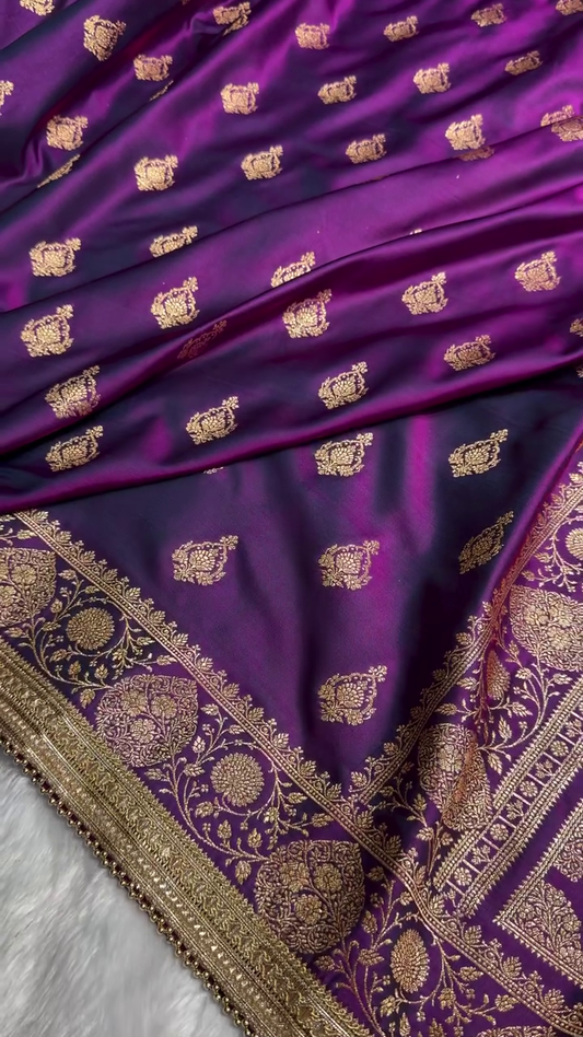 Royal Wine Purple Banarasi Silk Saree with Antique Gold Butti Weaving