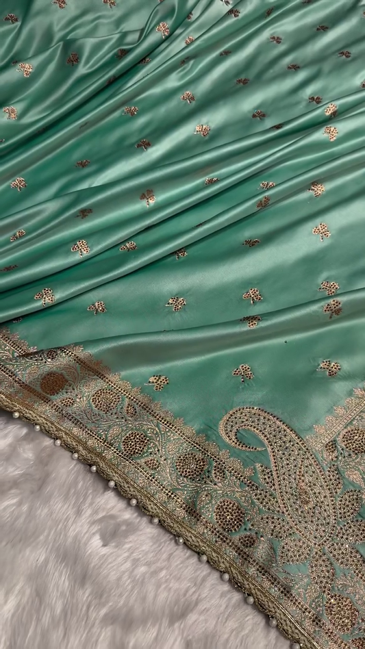 Mint Aqua Banarasi Silk Saree with Antique Silver Paisley Zari Border