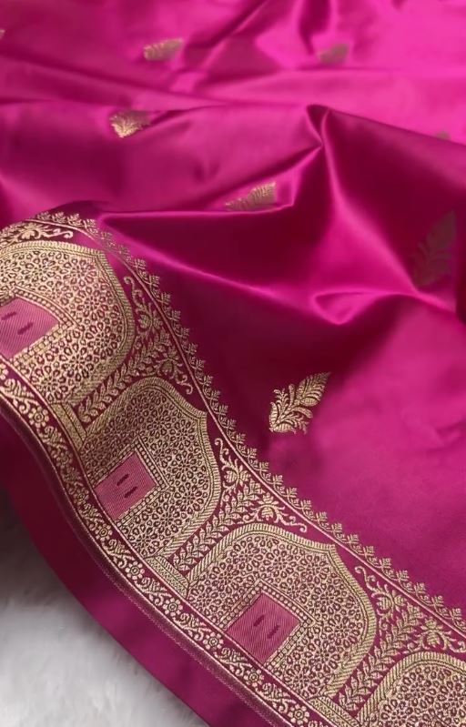 Royal Rani Pink Banarasi Silk Saree with Gold Zari Border & Delicate Buttas